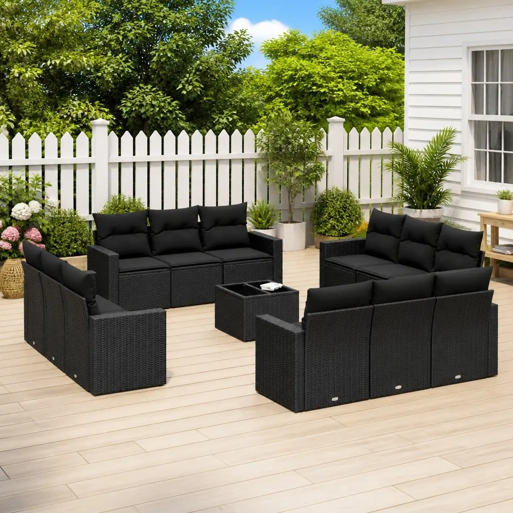 Garden Sofa Set 13 Piece Outdoor Furniture Patio Black Poly Rattan with Cushions