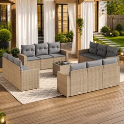 Garden Sofa Set 13 Piece Outdoor Furniture Patio Beige Poly Rattan with Cushions