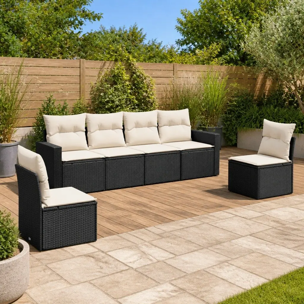 Outdoor Furniture Sofa Set Black Modular 6 Piece with Cushions Poly Rattan