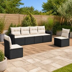 6 Piece Garden Sofa Set Outdoor Furniture Black Poly Rattan with Cushions Patio