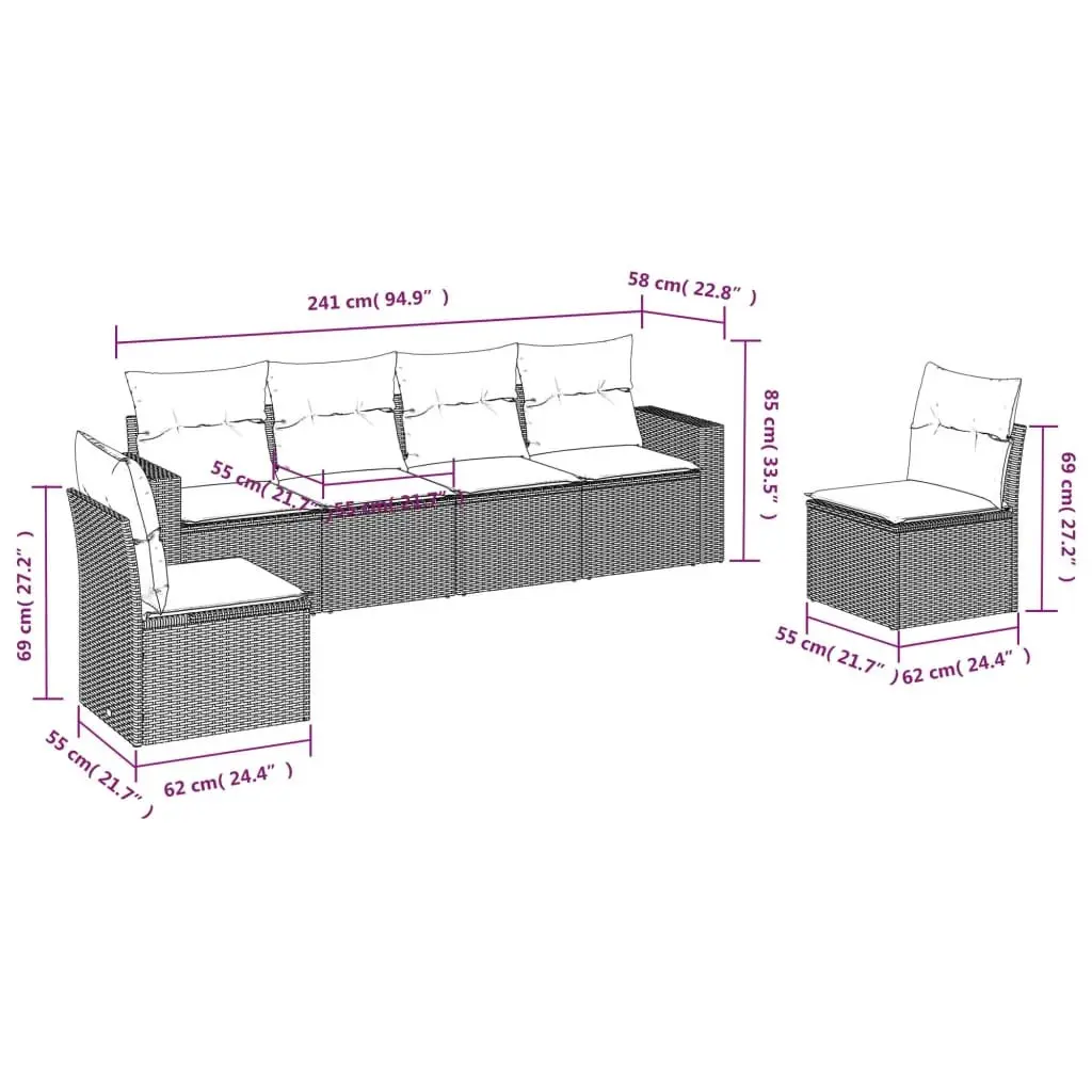 Outdoor Furniture Sofa Set Black Modular 6 Piece with Cushions Poly Rattan