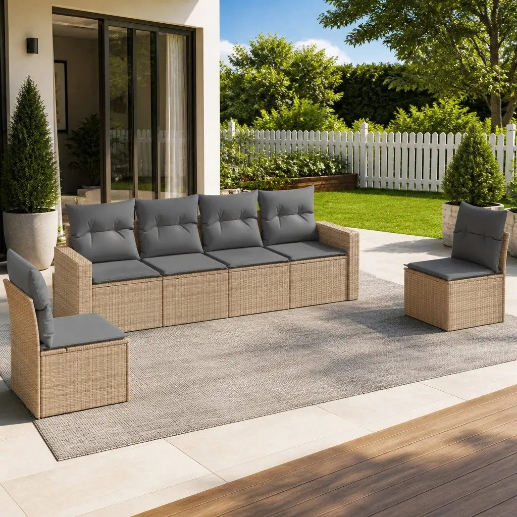 Garden Sofa Set 6 Piece Outdoor Furniture Beige PE Rattan Cushioned Seating