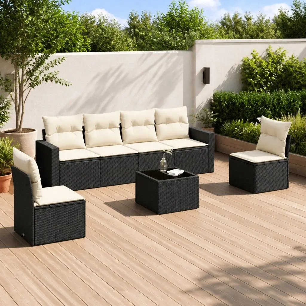 7 Piece Garden Sofa Set Outdoor Patio Furniture Black Poly Rattan Cushions Table