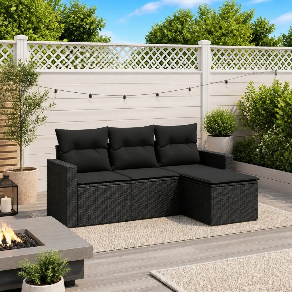 Outdoor Garden Sofa Set 4 Piece Black Poly Rattan Patio Furniture with Cushions