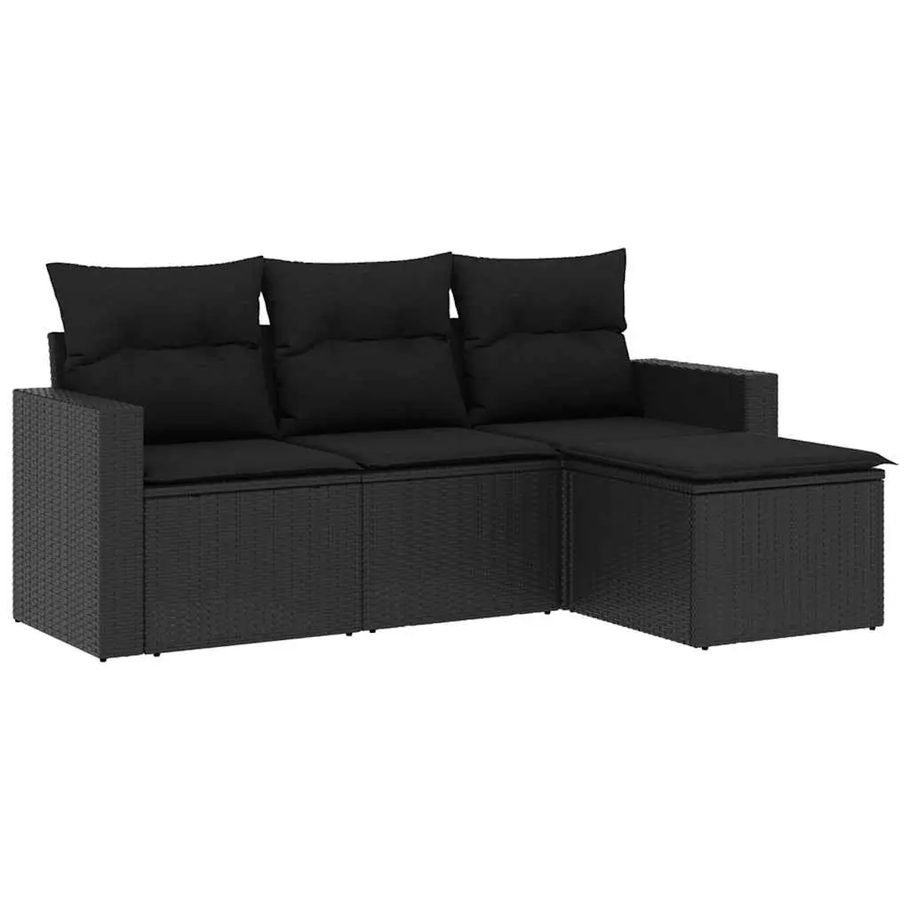 Outdoor Garden Sofa Set 4 Piece Black Poly Rattan Patio Furniture with Cushions