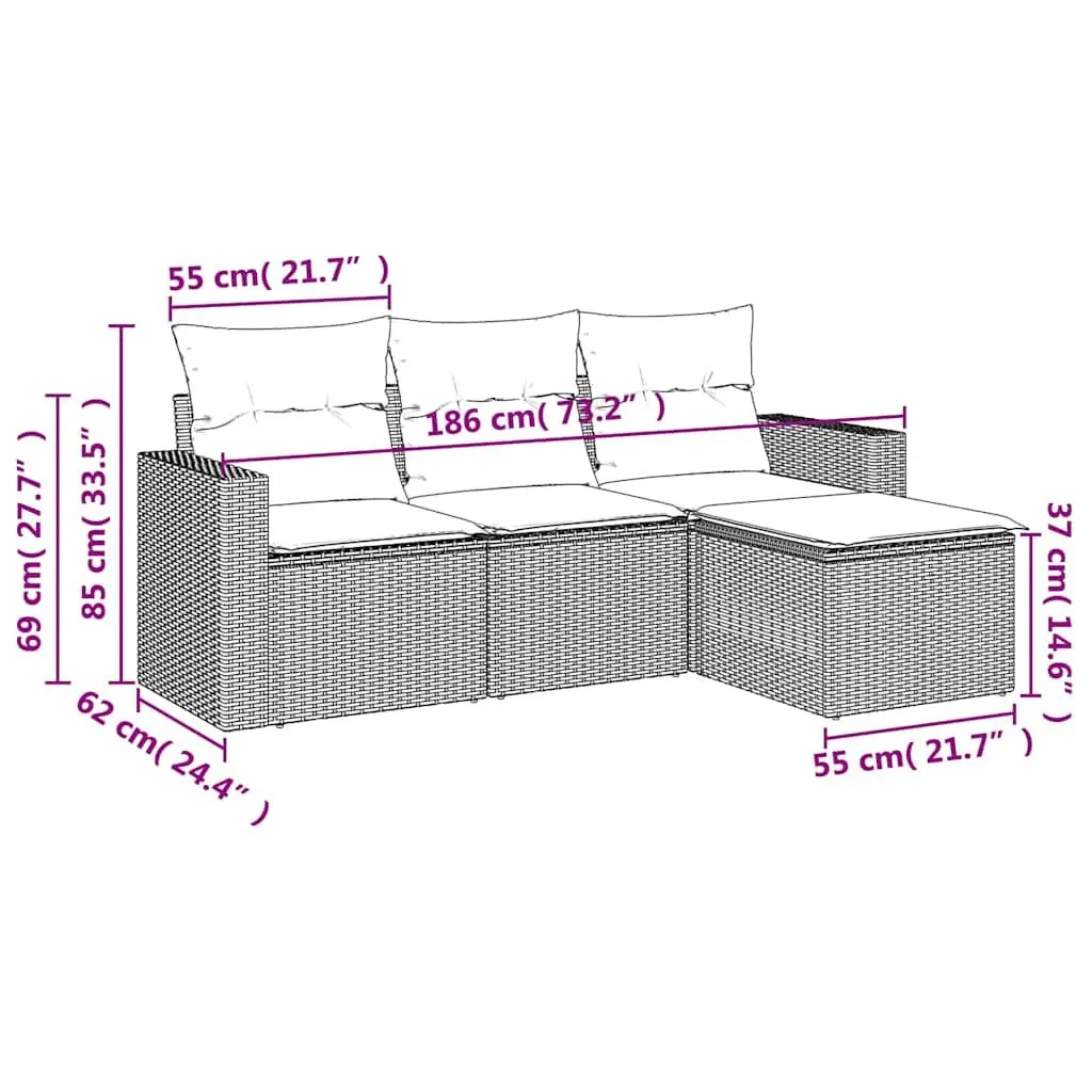 Outdoor Garden Sofa Set 4 Piece Black Poly Rattan Patio Furniture with Cushions