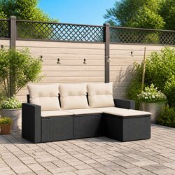 Comfortable 4-Piece Black Poly Rattan Sofa Set for Outdoors
