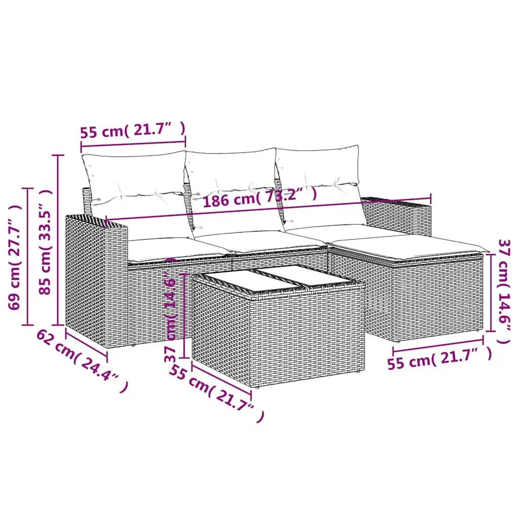 Outdoor Garden Sofa Set 5 Piece Black Poly Rattan Furniture with Cushions