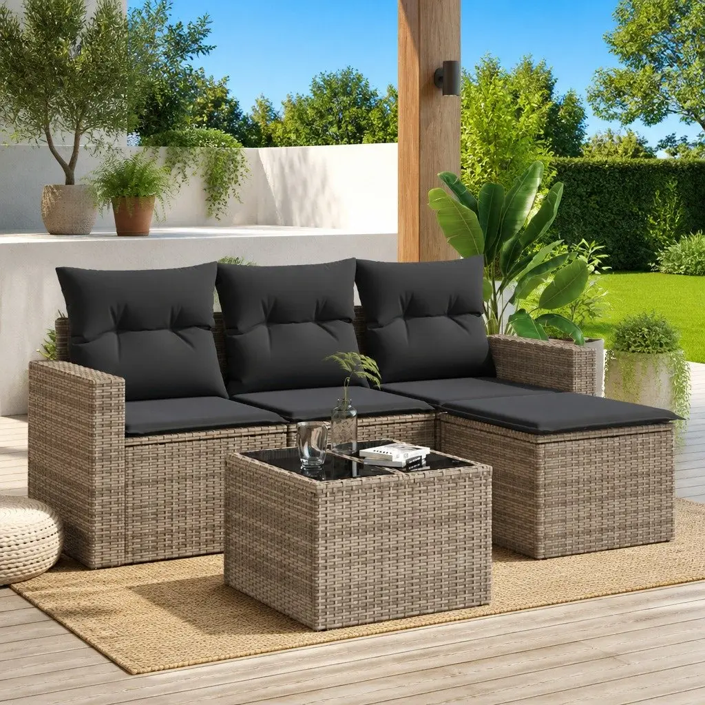 5 Piece Garden Sofa Set Grey Poly Rattan Outdoor Furniture with Cushions