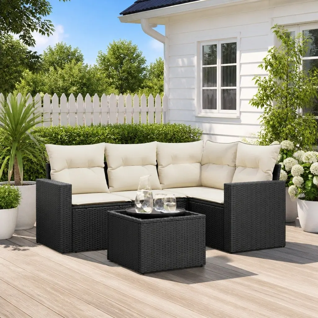 Garden Sofa Set Outdoor Furniture 5 Piece Rattan Sectional with Cushions Black