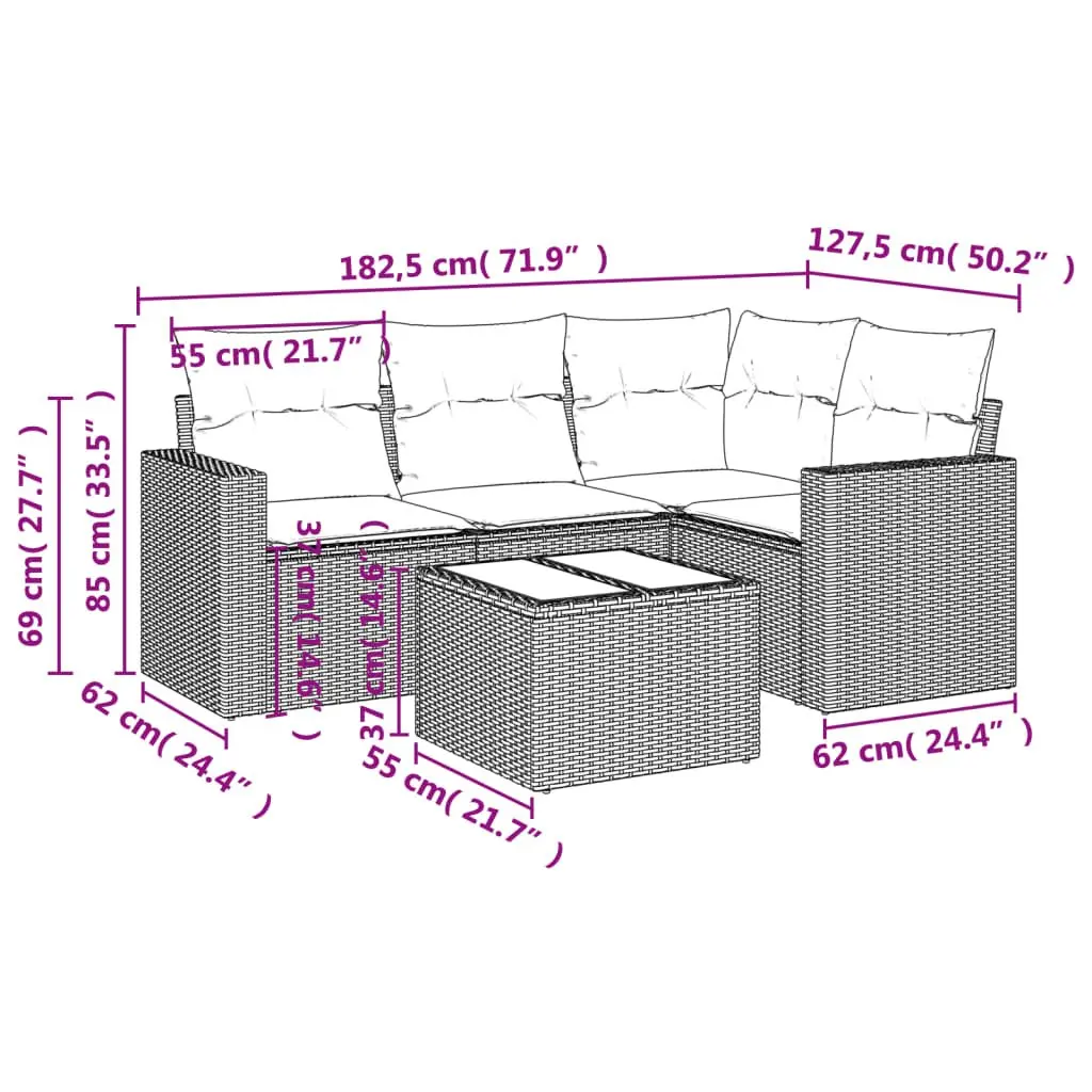 Garden Sofa Set Outdoor Furniture 5 Piece Rattan Sectional with Cushions Black