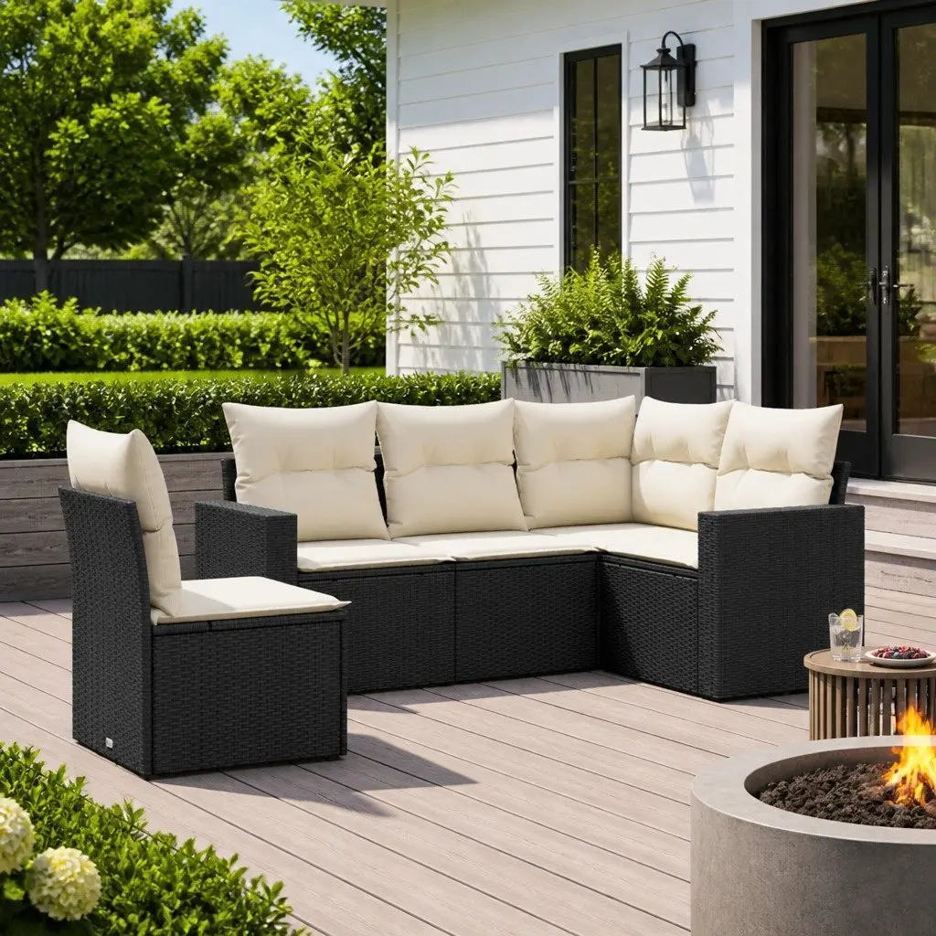 Garden Sofa Set Modular Outdoor Furniture 5 Piece Black Poly Rattan with Cushions
