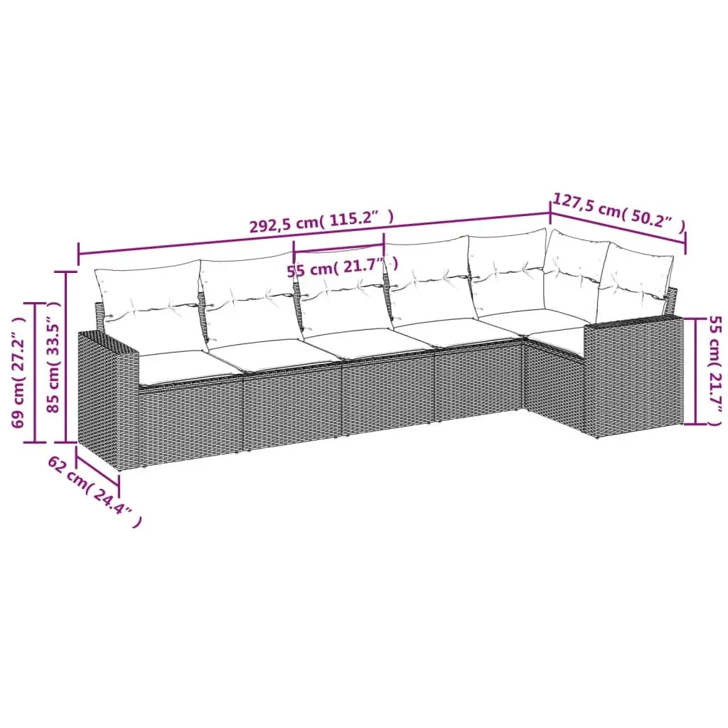 Outdoor Patio Furniture Set 6 Piece Modular Black Poly Rattan Sofa with Cushions