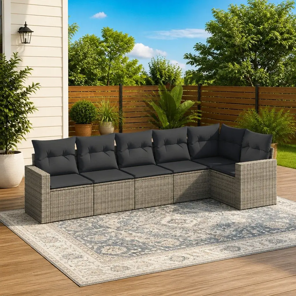 Outdoor Furniture Set 6 Piece Patio Lounge Sofa Grey Poly Rattan with Cushions