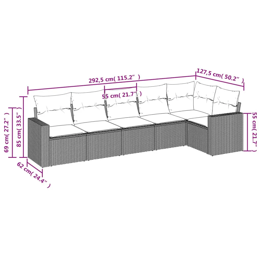 Outdoor Furniture Set 6 Piece Patio Lounge Sofa Grey Poly Rattan with Cushions