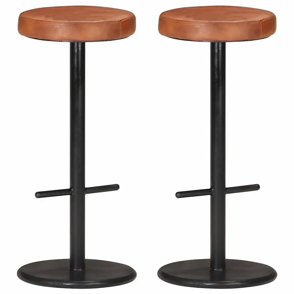 Bar Stools Brown Real Leather Seats Footrest Kitchen Dining Room 2 Piece