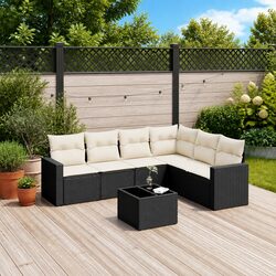 Cozy 7 Piece Garden Sofa Set: Black Rattan with Cushions