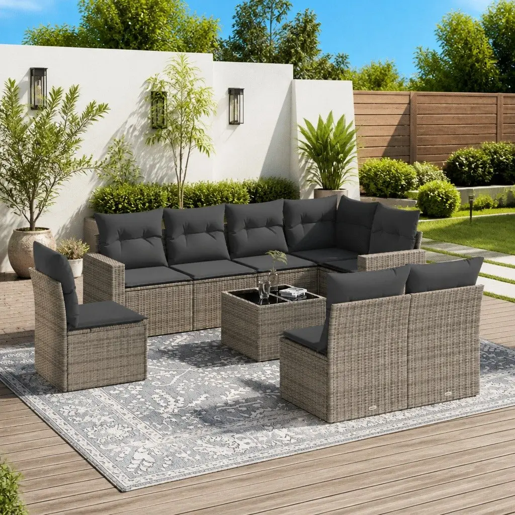 Garden Sofa Set 9 Piece Outdoor Furniture Patio Lounge Grey Poly Rattan