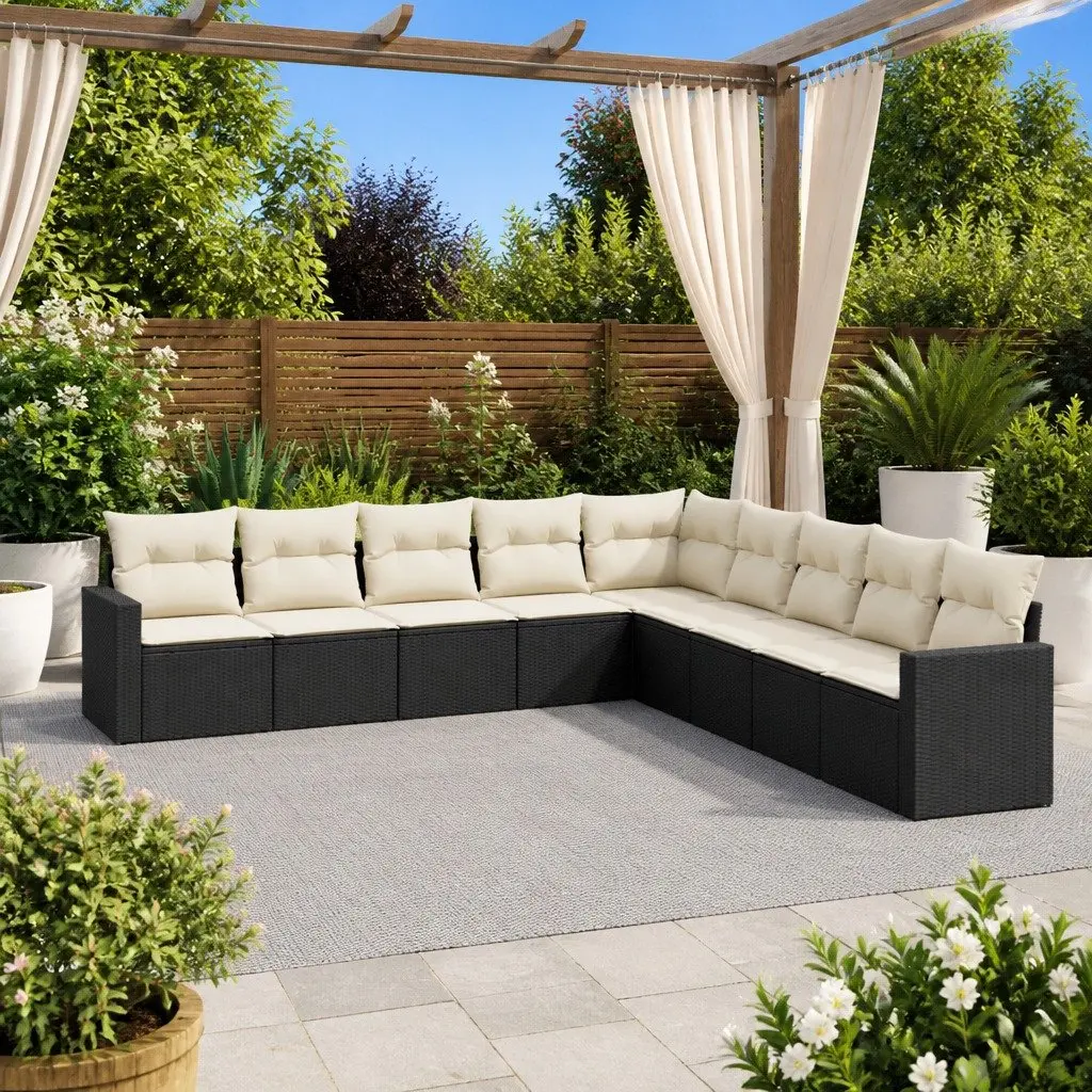 9 Piece Garden Sofa Set Outdoor Furniture Patio Black Poly Rattan with Cushions
