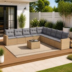 Comfortable 10-Piece Garden Sofa Set with Beige Cushions