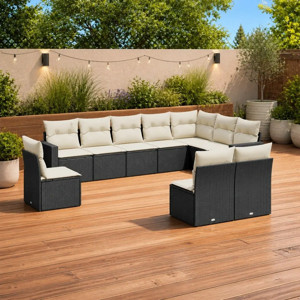 10 Piece Garden Sofa Set Modular Outdoor Furniture Black PE Rattan with Cushions