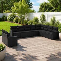 Practical 10-Piece Garden Sofa Set in Black Rattan
