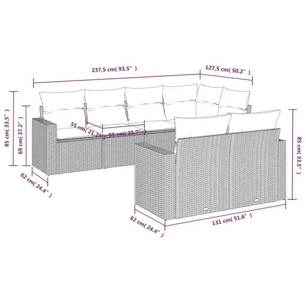 7 Piece Garden Sofa Set Modular Outdoor Furniture Grey PE Rattan with Cushions