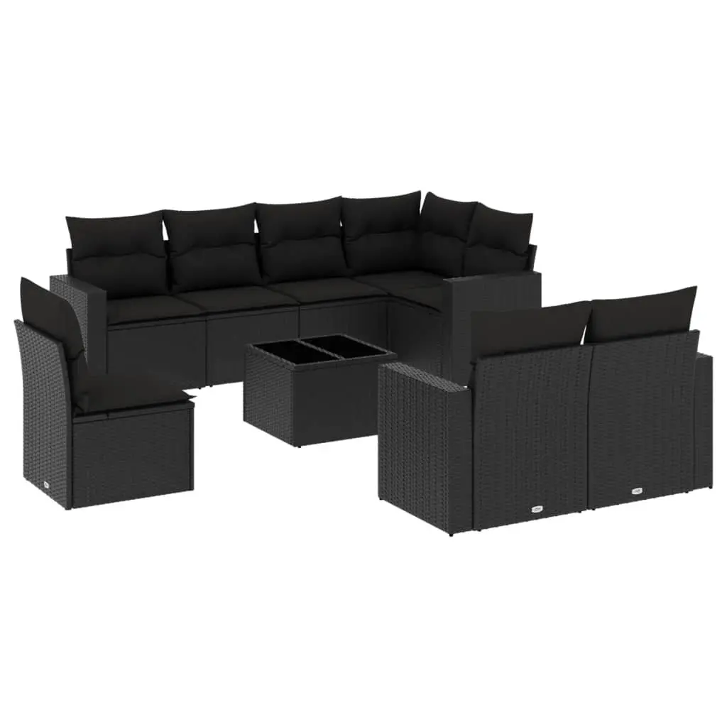 9 Piece Outdoor Garden Sofa Set Black Poly Rattan Cushions Patio Furniture
