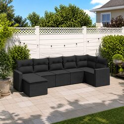 7 Piece Outdoor Garden Sofa Set with Cushions Black Poly Rattan Patio Furniture