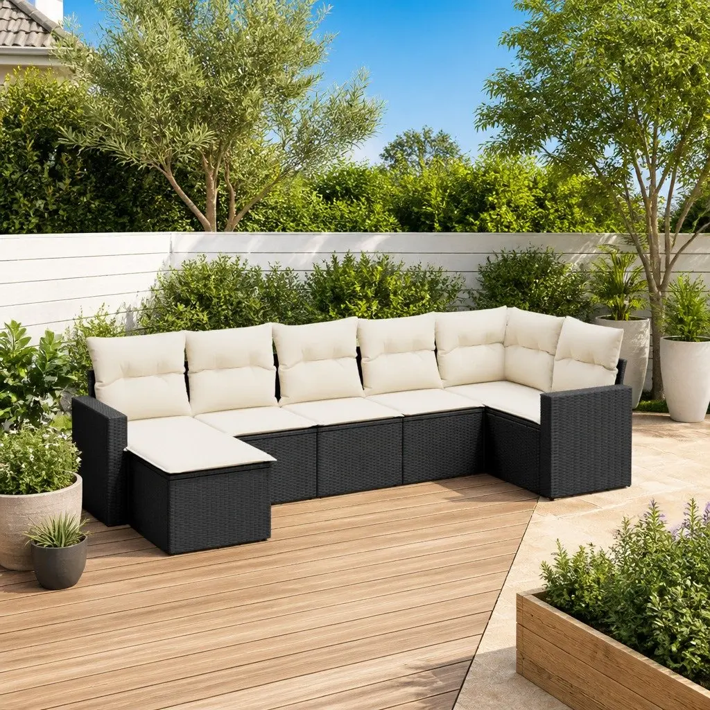 7 Piece Outdoor Garden Sofa Set Cushions Black Poly Rattan