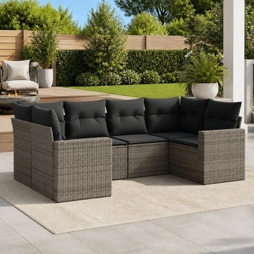Garden Sofa Set 6 Piece Grey Poly Rattan Outdoor Furniture Patio