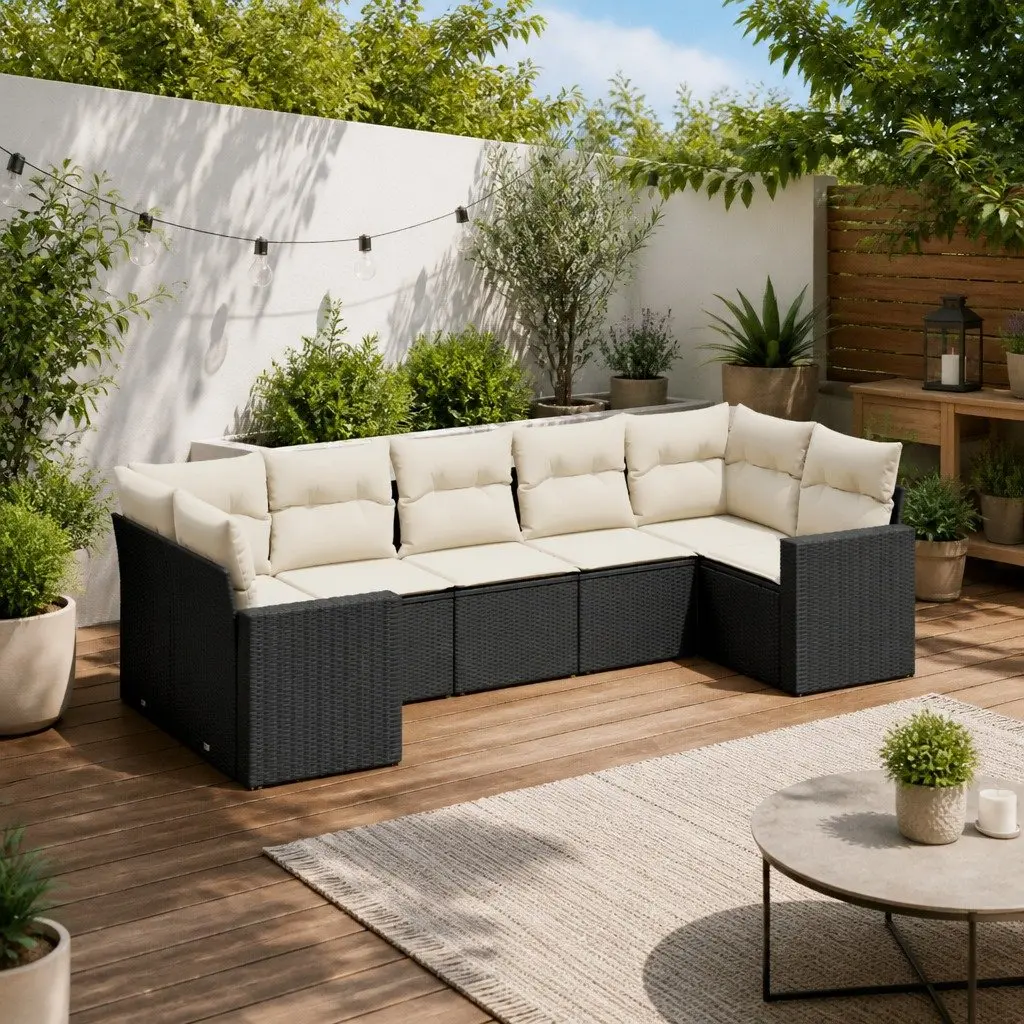 7 Piece Garden Sofa Set Outdoor Furniture Black Poly Rattan Cushions