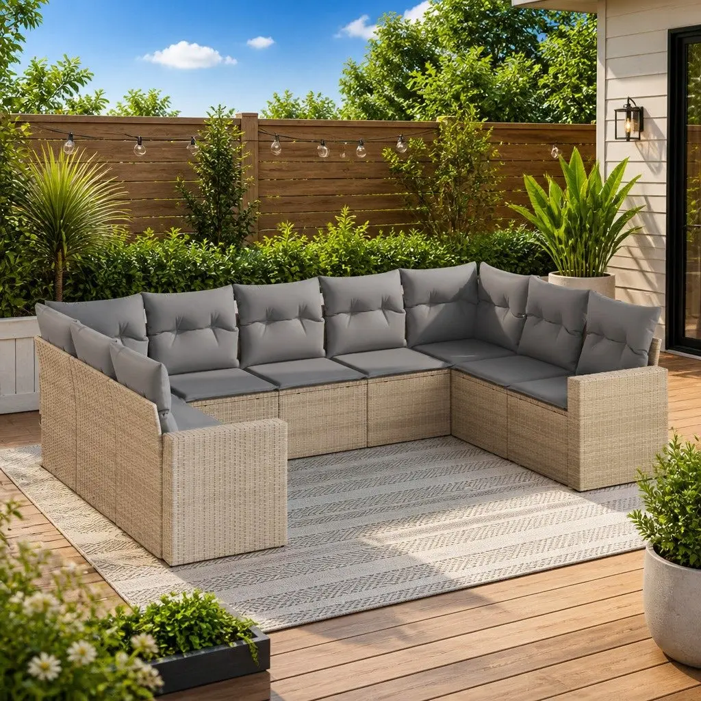 Garden Sofa Set 9 Piece Outdoor Furniture Modular Beige Poly Rattan Patio Lounge
