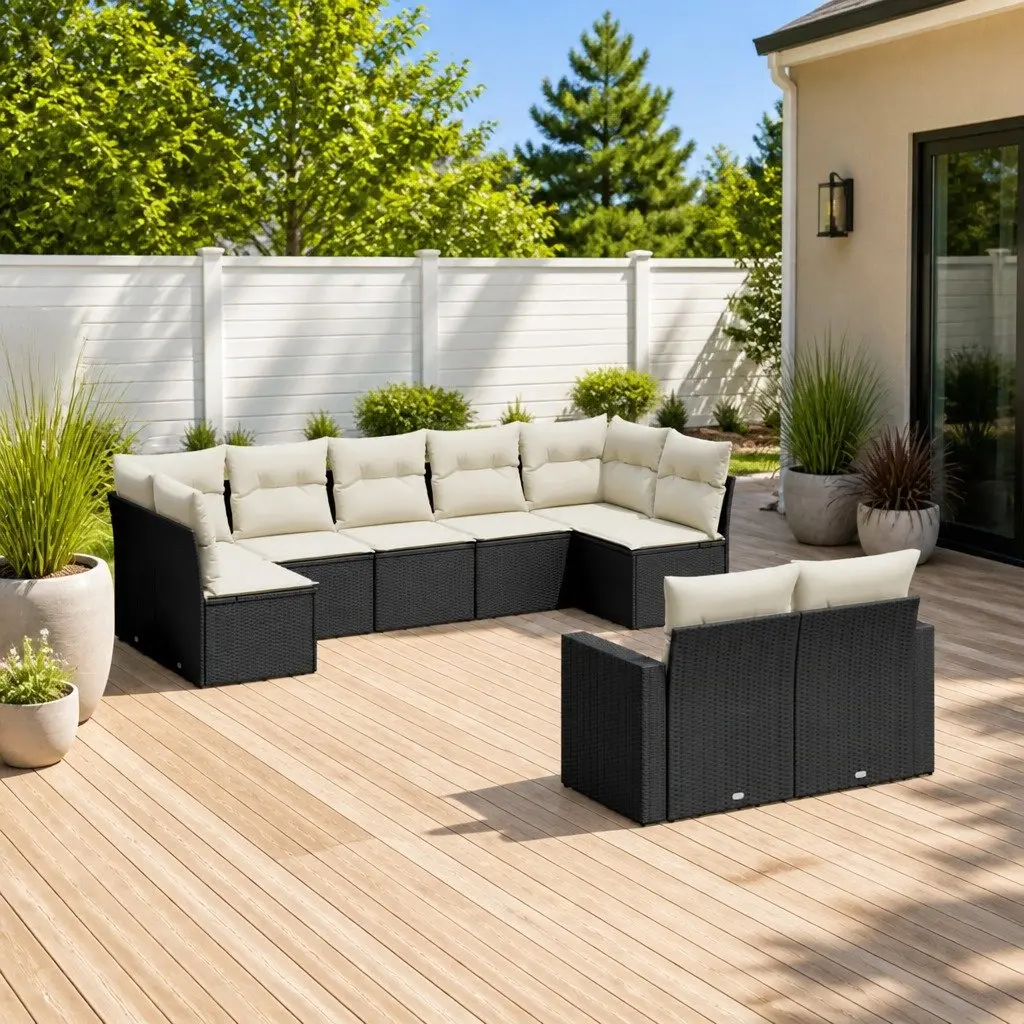 9 Piece Outdoor Garden Sofa Set Cushions Black Poly Rattan