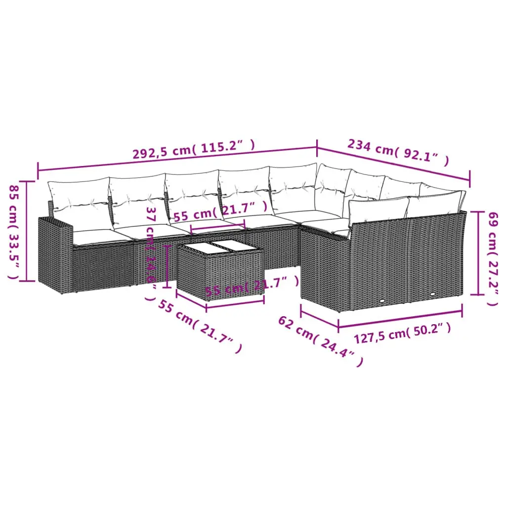 10 Piece Garden Sofa Set Grey Poly Rattan Outdoor Furniture with Cushions