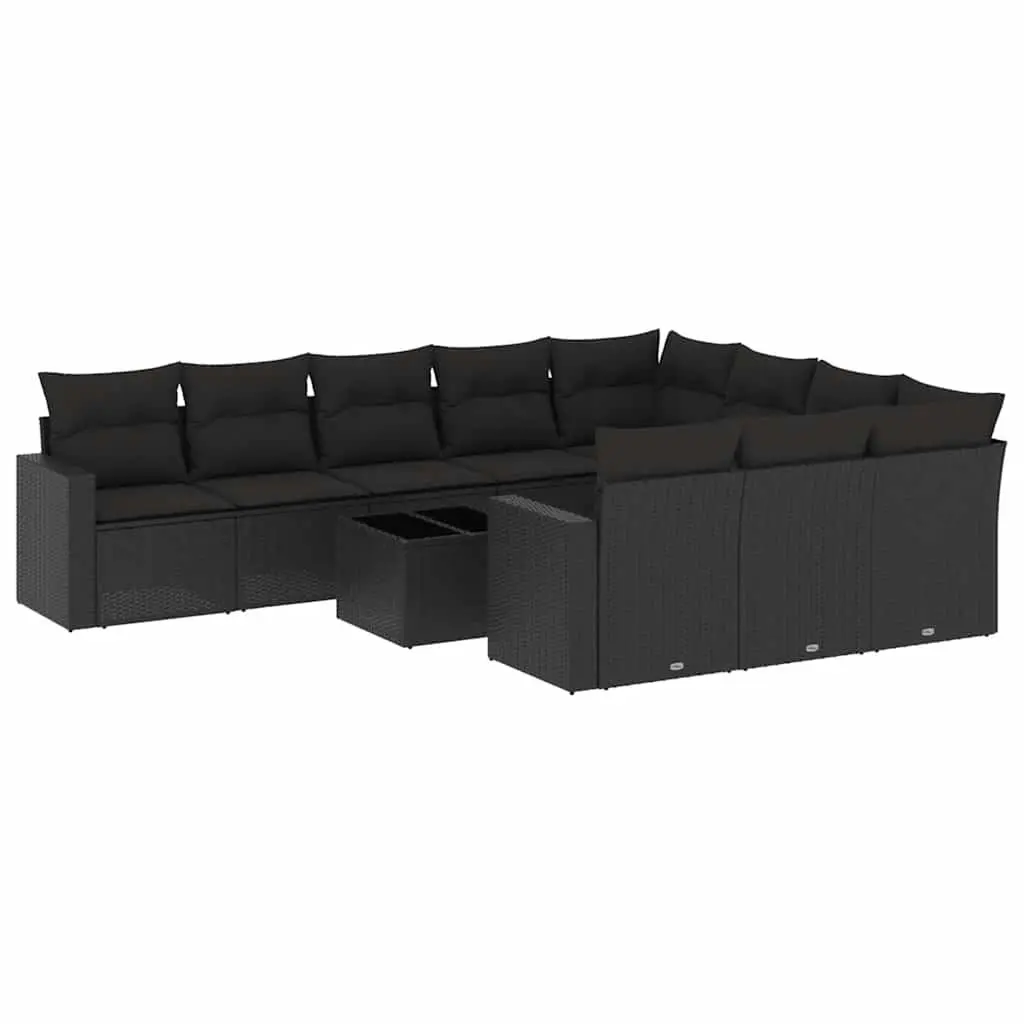 11 Piece Outdoor Garden Sofa Set with Cushions Black Poly Rattan Patio Furniture