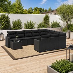 Garden Sofa Set 11 Piece Outdoor Furniture Patio Black Poly Rattan with Cushions