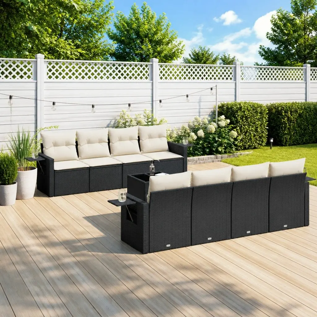 Garden Sofa Set 9 Piece Outdoor Furniture Black Poly Rattan with Cushions
