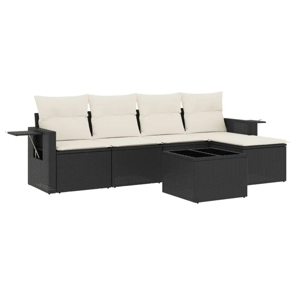 Garden Sofa Set Outdoor Furniture 6 Piece Modular Black Poly Rattan with Cushions and Foldable Side Tables