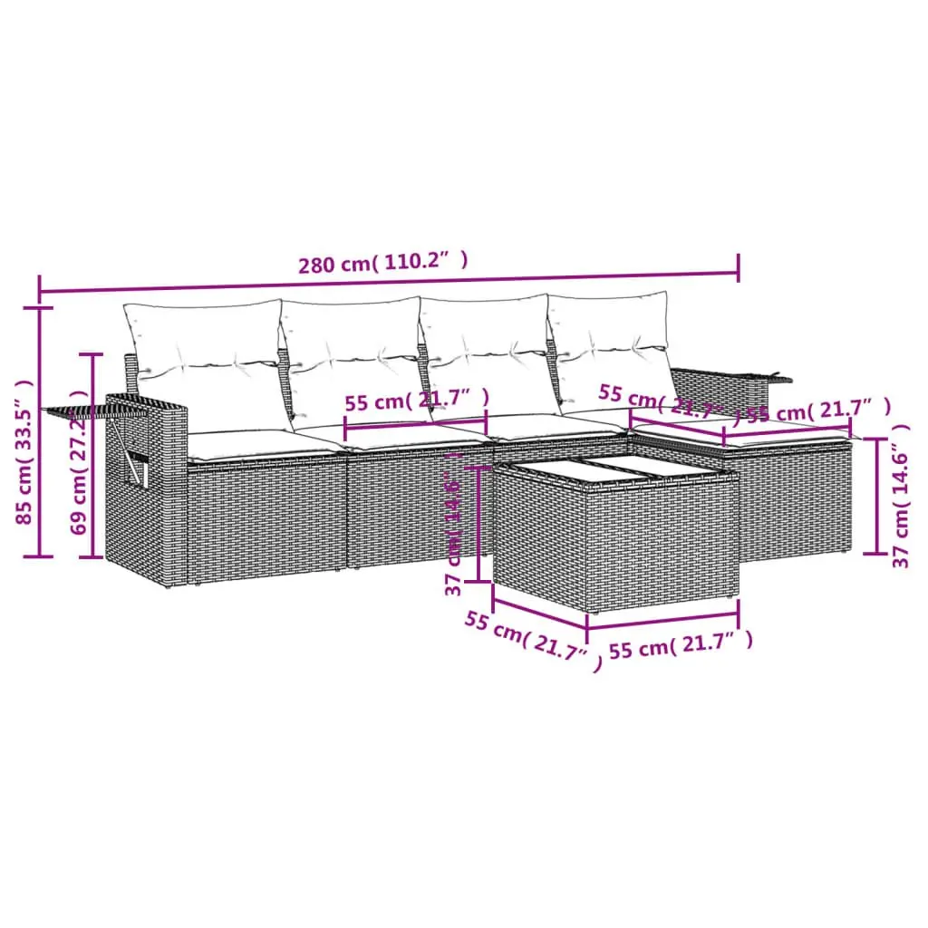 Garden Sofa Set Outdoor Furniture 6 Piece Modular Black Poly Rattan with Cushions and Foldable Side Tables