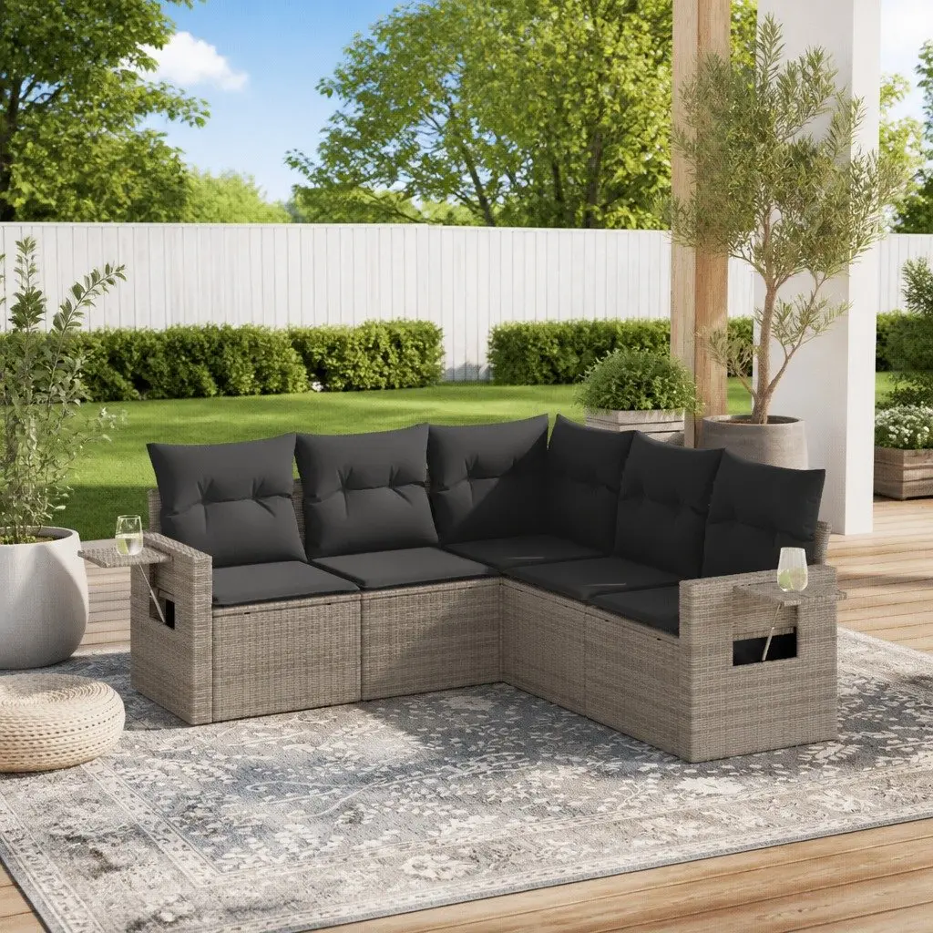 5 Piece Garden Sofa Set Grey Poly Rattan Outdoor Furniture with Cushions