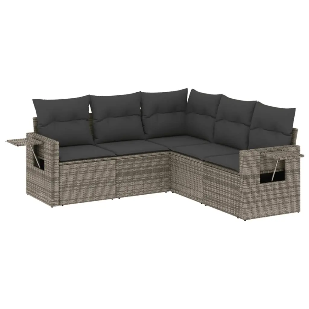 5 Piece Garden Sofa Set Grey Poly Rattan Outdoor Furniture with Cushions