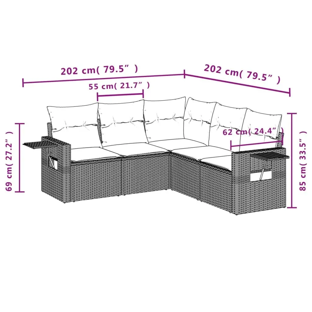 5 Piece Garden Sofa Set Grey Poly Rattan Outdoor Furniture with Cushions