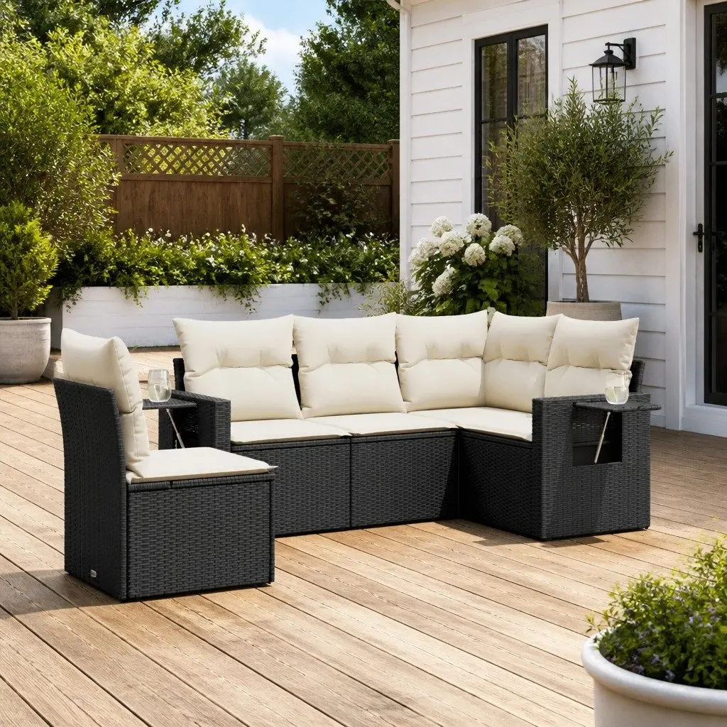 Outdoor Garden Sofa Set 5 Piece Black Poly Rattan Patio Furniture with Cushions
