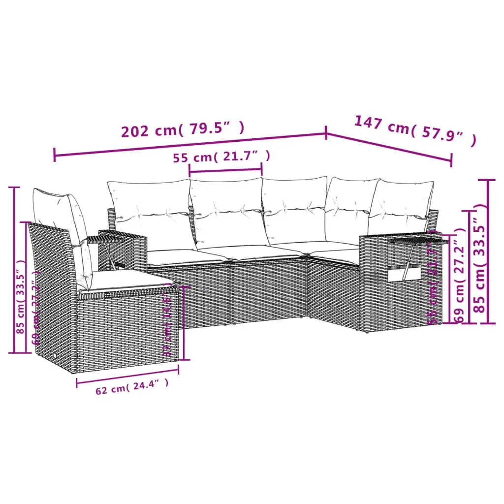 Outdoor Garden Sofa Set 5 Piece Black Poly Rattan Patio Furniture with Cushions