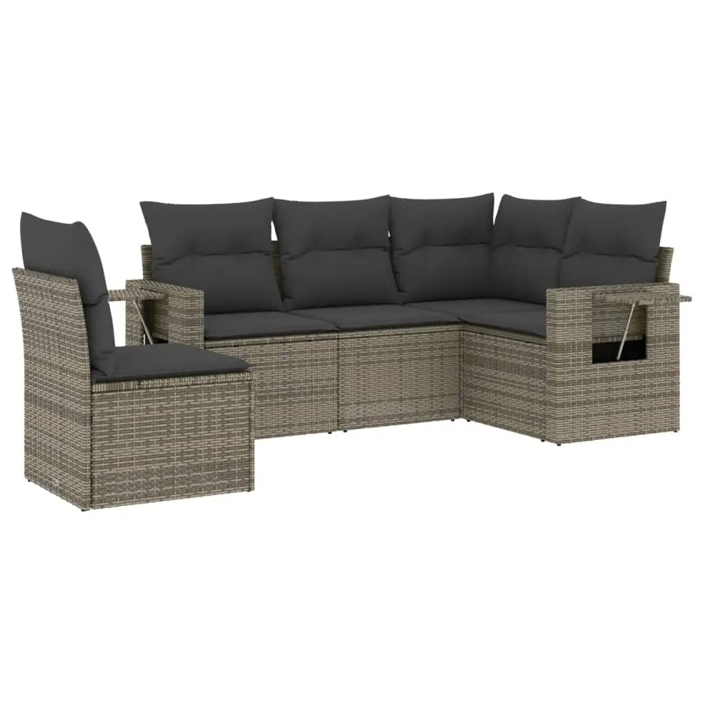 5 Piece Garden Sofa Set Grey Poly Rattan Outdoor Furniture with Cushions