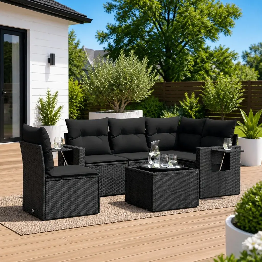 Garden Sofa Set Outdoor Furniture 6 Piece Black Poly Rattan Modular Patio