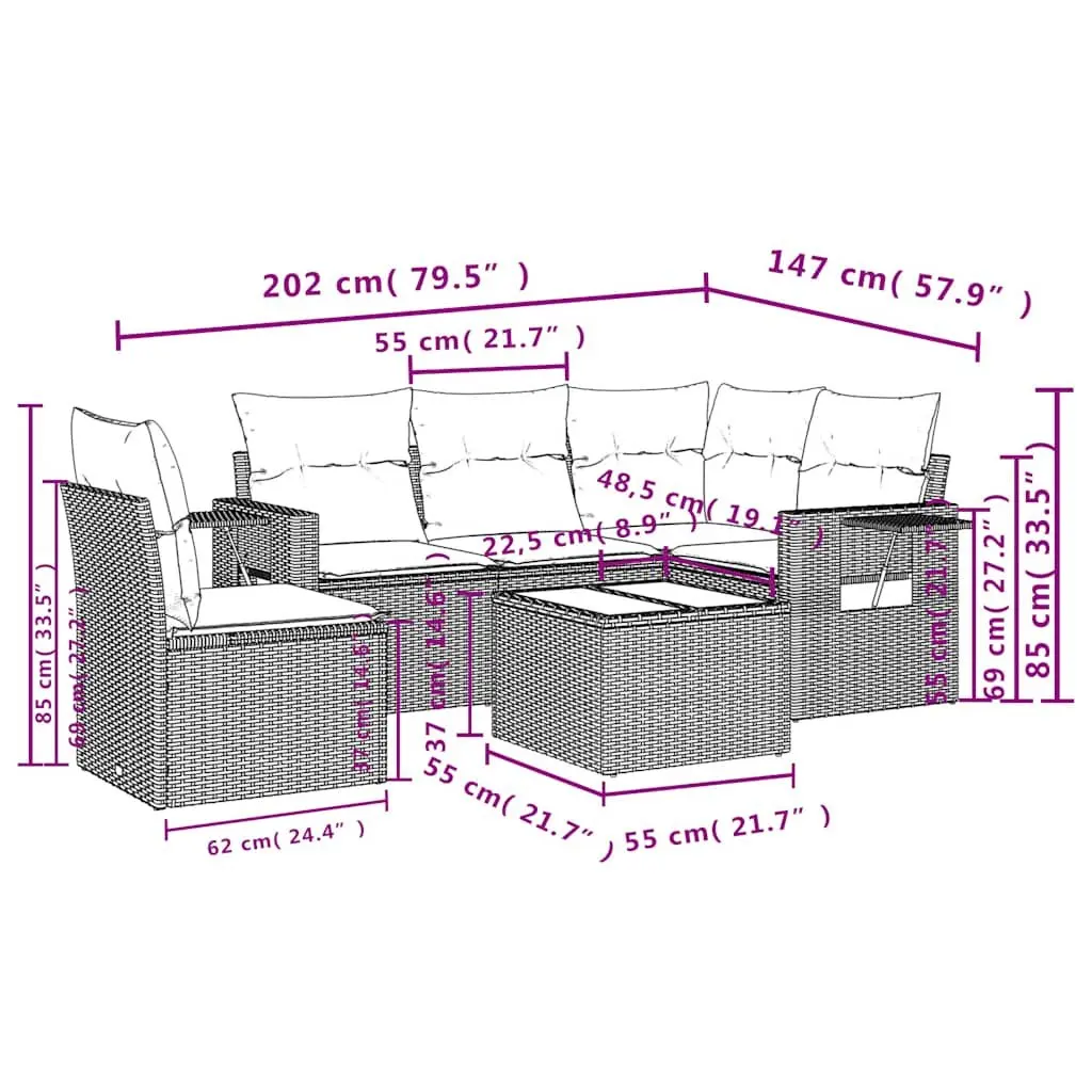Garden Sofa Set Outdoor Furniture 6 Piece Black Poly Rattan Modular Patio