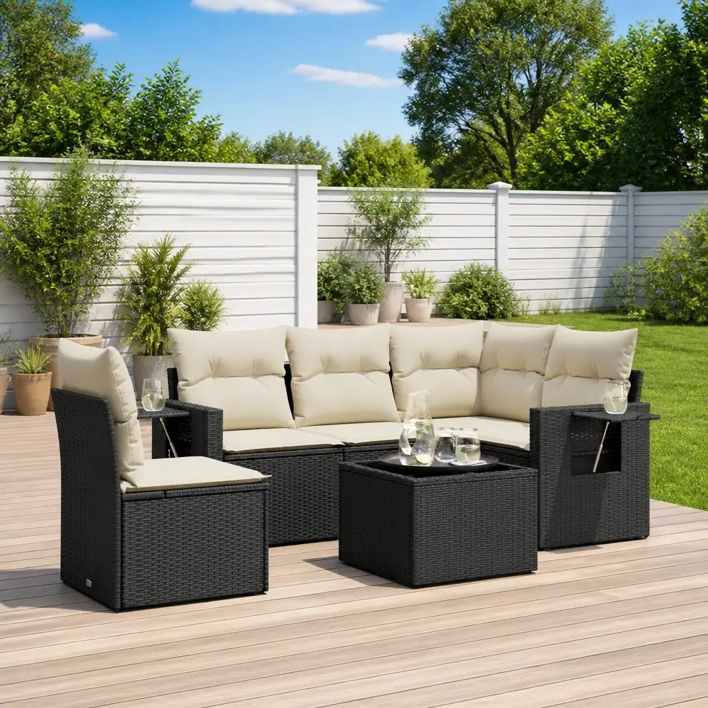 Garden Sofa Set Modular Outdoor Furniture 6 Piece Black Poly Rattan Patio Lounge