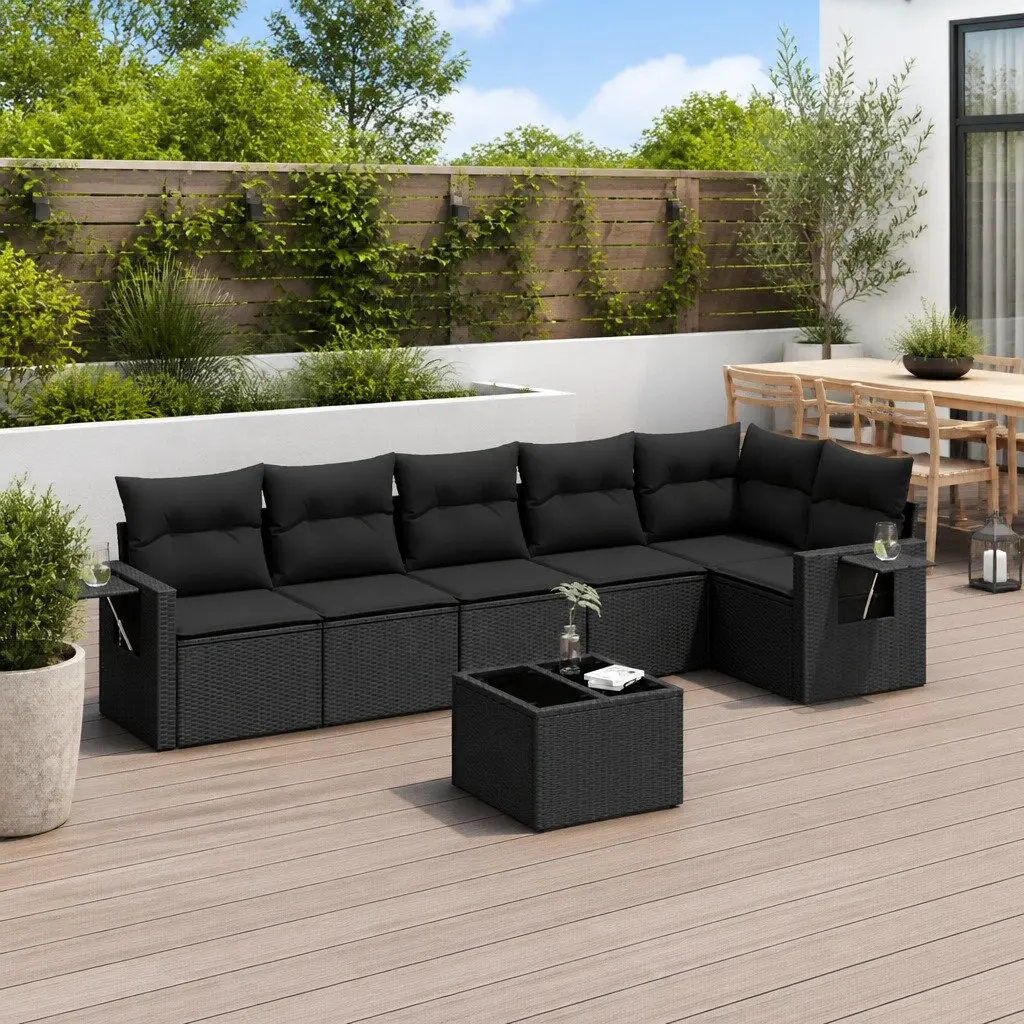 Garden Sofa Set 7 Piece Outdoor Furniture Black Poly Rattan with Cushions